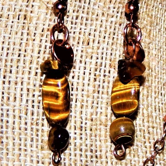 Artisan Copper Chain/Tiger Eye Stones Necklace & Earring Set - Picture 2 of 7